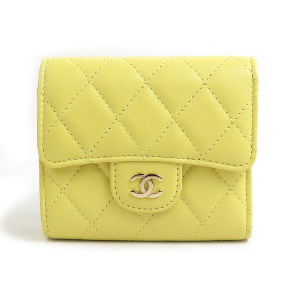 CHANEL Tri-fold Wallet Matelasse Coco Mark Leather Yellow Gold Women's W1051G - Picture 1 of 5